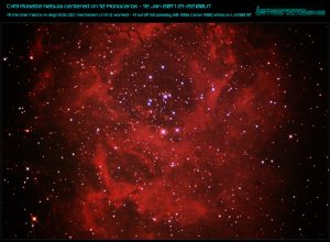 Rosette Nebula C49 centred on 12 Monoceros 2 Jan 2017 21:00-22:00 UT (after GOOD Polar Alignment and a LIVE EQ6 tuning - yes, while working to smooth DEC & it seems to have worked - DEC was steady all then time)