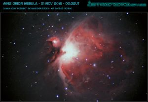 M42 Orion Nebula camera testing 01 November 2016 ~00:32UT Short fast exposures. Testing guide camera but PHD did not work - could not find mount! Re-Processed in Dec 2018