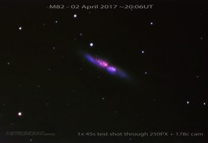 M82 - 02 April 2017 ~20:06UT Tested 250PX + 178c Cam with a 45s shot then edited with Photoshop - all stars are real