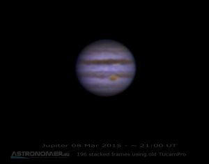 Jupiter 8 Mar 2015 - 20:59GMT - webcam - better seeing - 2nd elaboration - £. 50 TU Cam! Re-elaborated in Mar 2016
