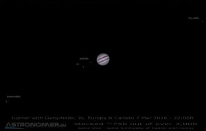 Jupiter 07 Mar 2016 - 21:06UT - Ganymede, Io, Europa & Callisto This is not 2 images, but same shot - no enhancement of moons